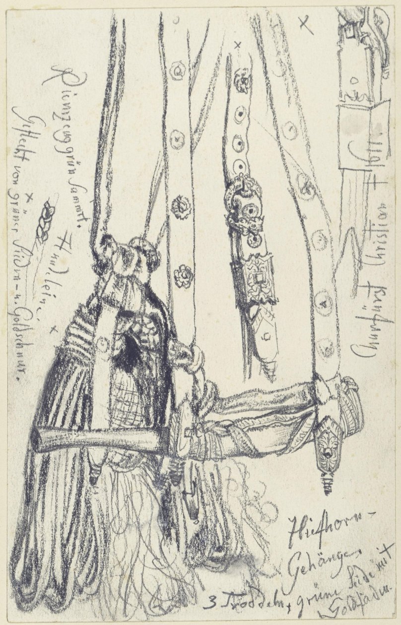 Metsästystorvi, torven hihna ja torven nyöri Saksin Johann Georg I:n smaragdiseen metsästysasesarjaan, Historiallinen museo, Dresden tekijältä Adolph Menzel