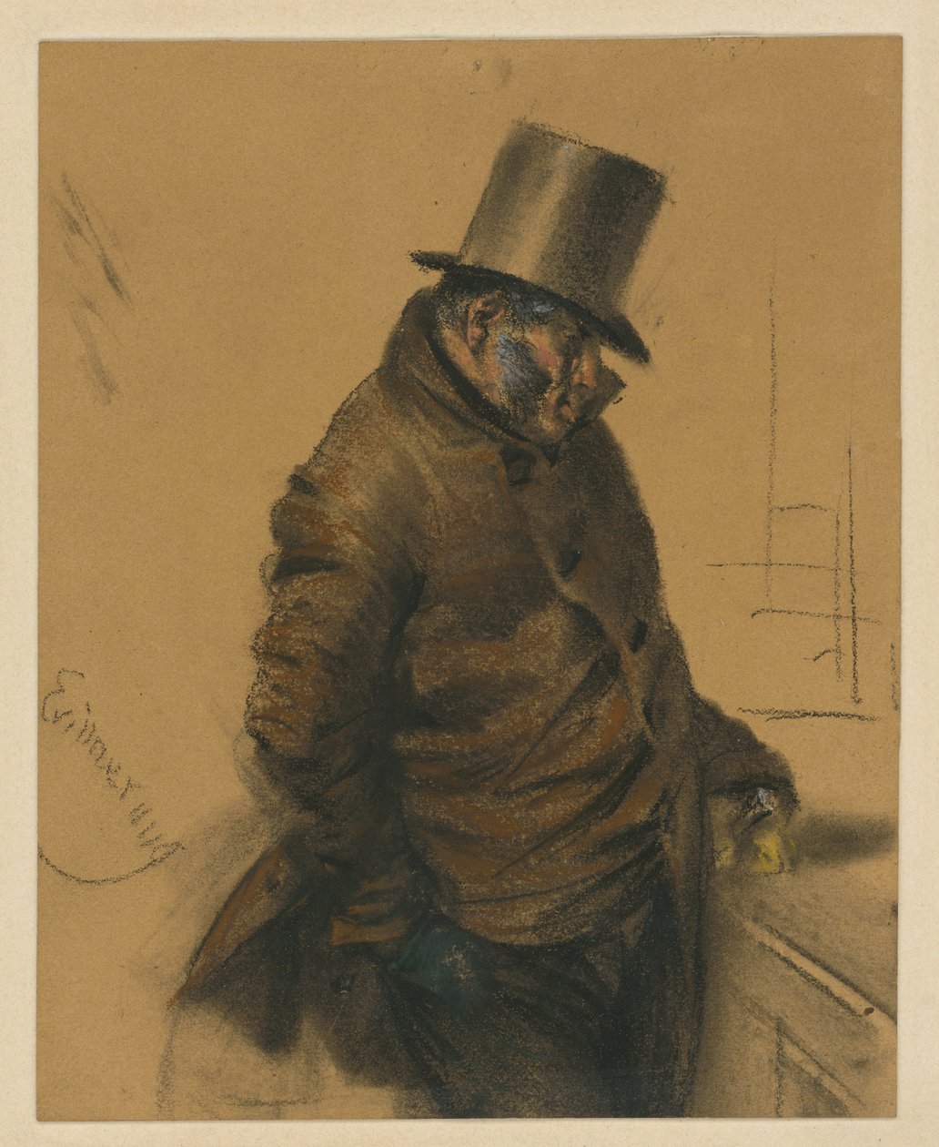 Juutalainen herra, jolla on silinterihattu, seisoo kassalla ja maksaa tekijältä Adolph Menzel