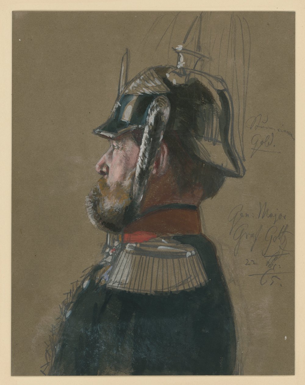 Kreivi Karl Friedrich von Goltz, kenraalimajuri, puolivartalokuva kypärässä ja miekka mukanaan, profiili vasemmalle, muotokuvatutkielma teokseen "Vilhelm I:n kruunajaiset Königsbergissä" tekijältä Adolph Menzel