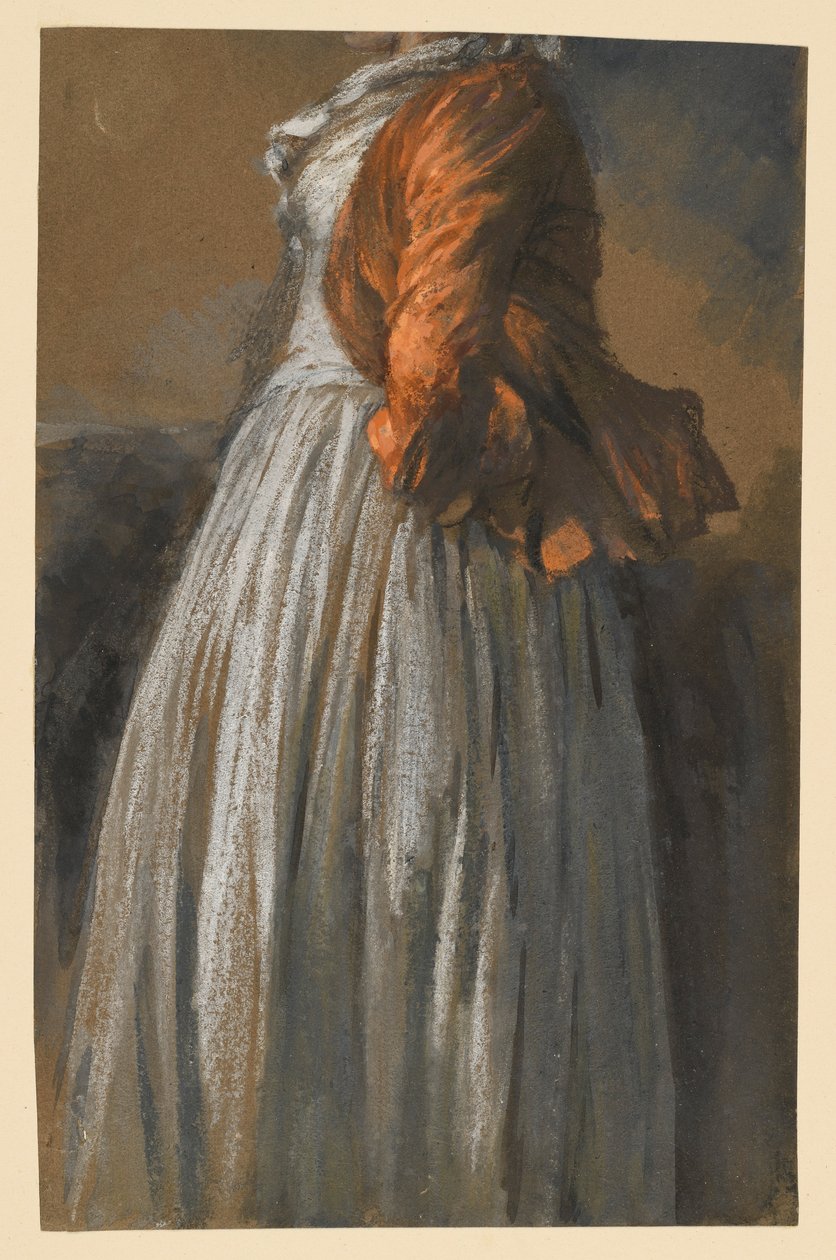 Mekko- ja takkisuunnitelma oikealle seisovasta naishahmosta tekijältä Adolph Menzel