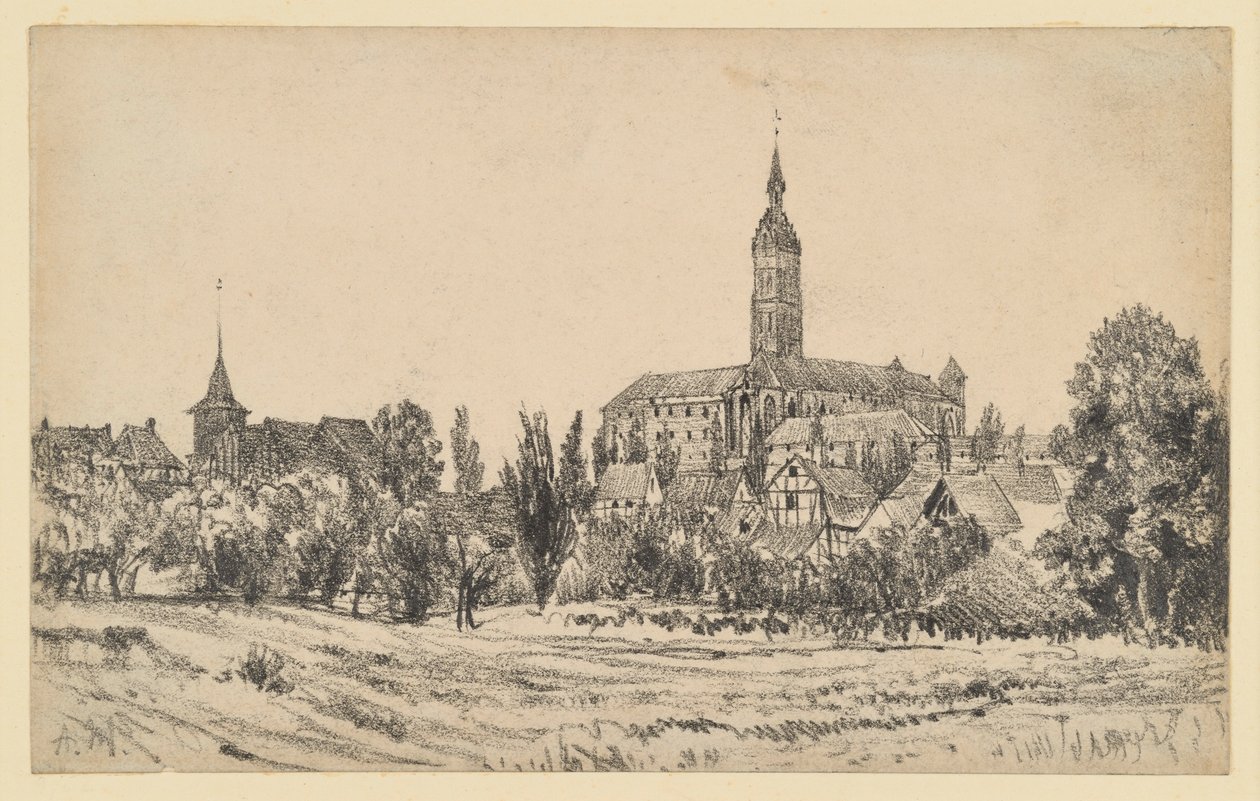 Pieni kaupunki, jossa on korkea kirkon torni tekijältä Adolph Menzel