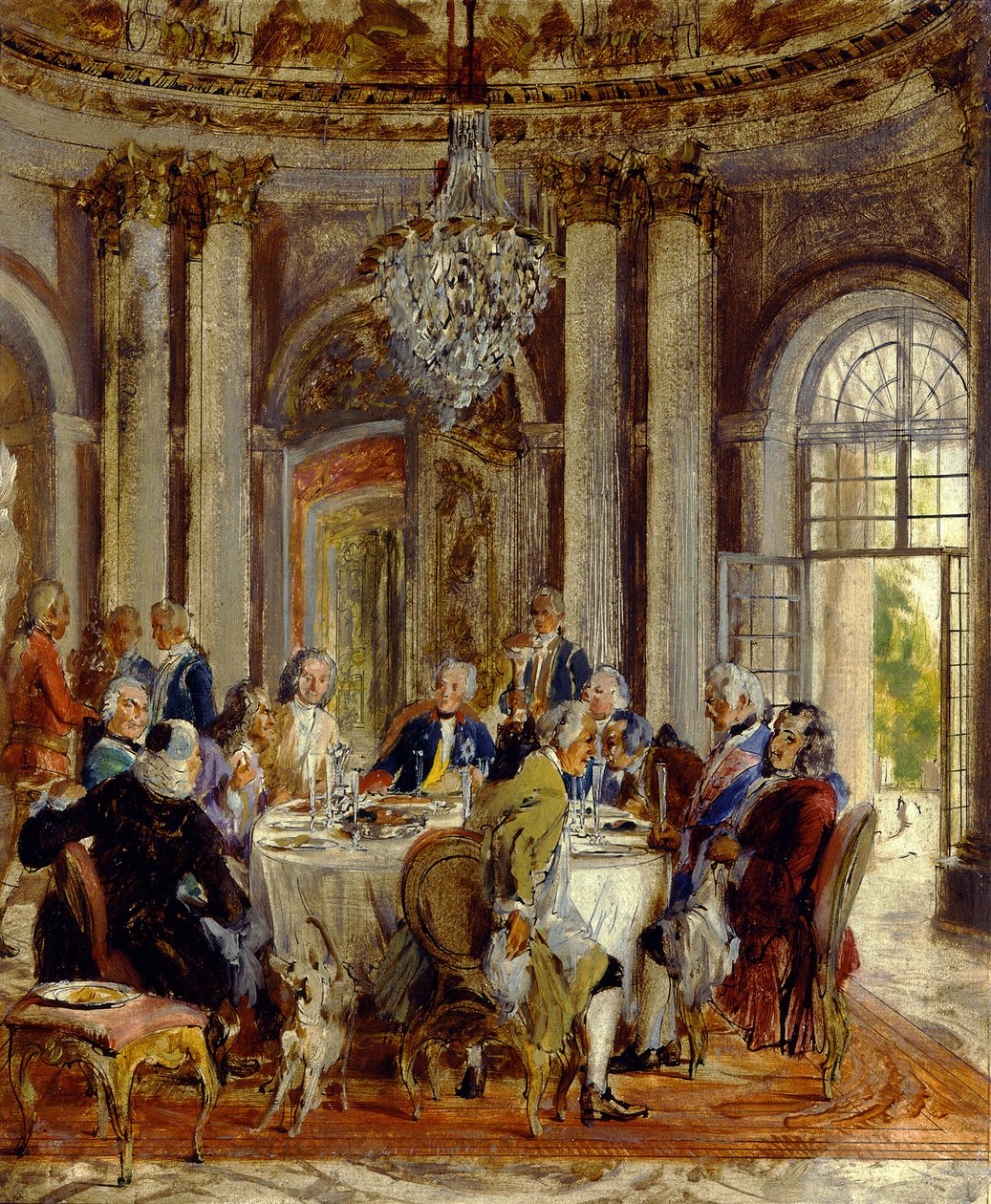 Kuningas Fredrik II:n pyöreä pöytä Sanssoucissa. Luonnos tekijältä Adolph Menzel