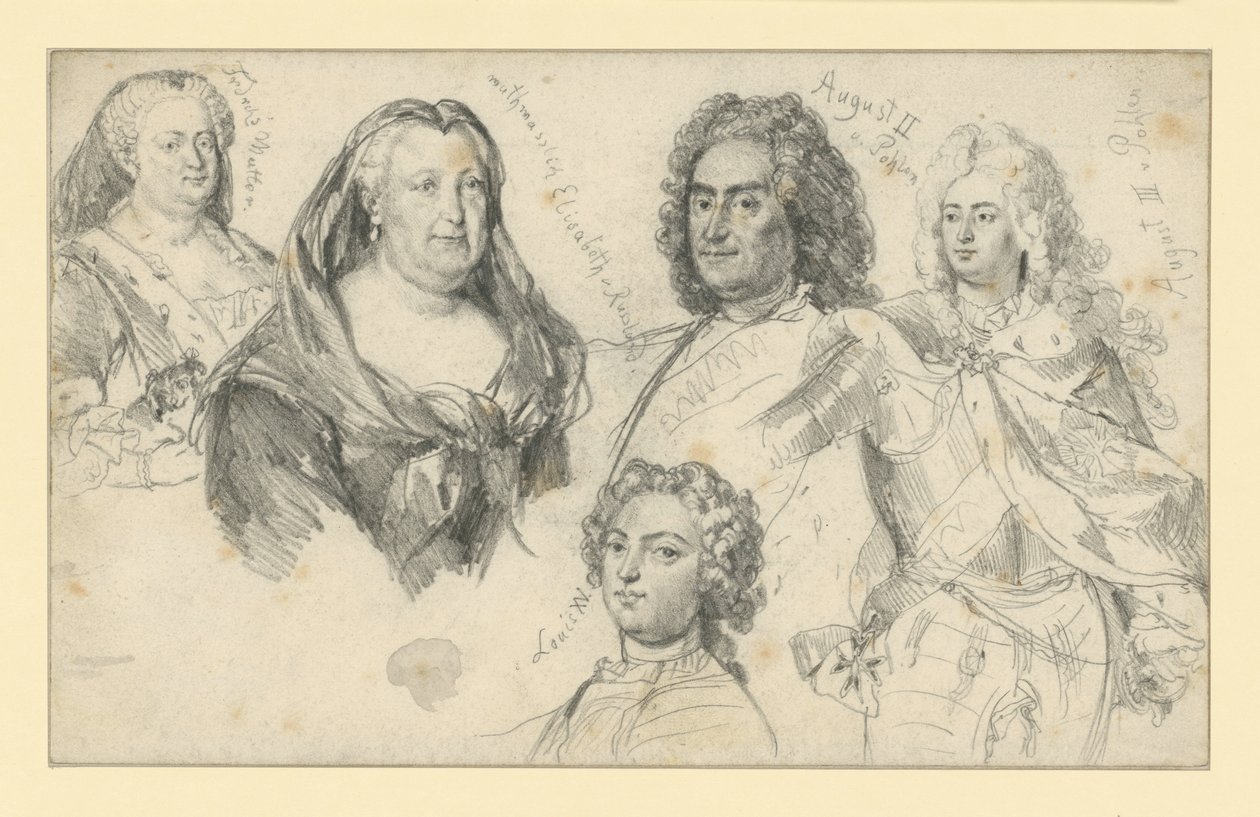 Preussin kuningatar Sophie Dorothea, Venäjän keisarinna Elisabet, Puolan kuningas August II, Puolan kuningas August III, Ranskan Ludvig XV tekijältä Adolph Menzel