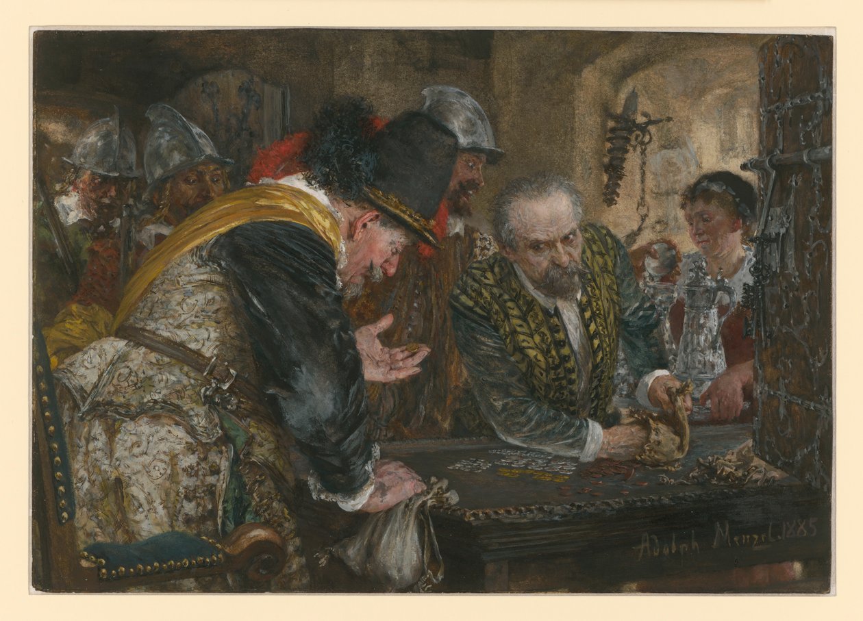 Sotavero, sotilaat - vasemmalla heidän kapteeninsa - saavat vanhemmalta mieheltä rahaa ja hopeaa tekijältä Adolph Menzel
