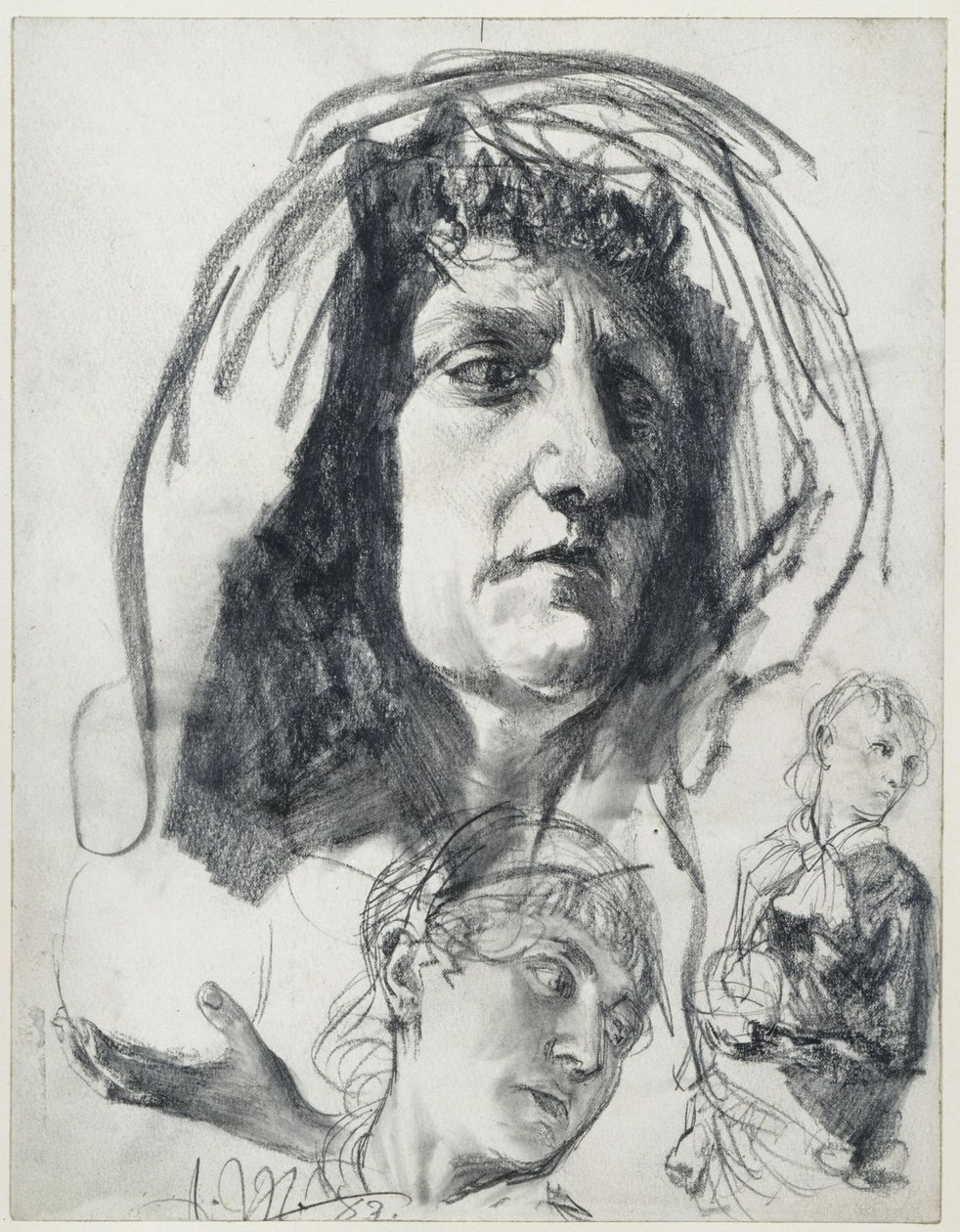Vanhemman naisen pää, jossa on huivi; nuoremman naisen luonnokset, joissa on melonihattu. ”Piazza d’Erbe” -teoksen malliluonnokset tekijältä Adolph Menzel