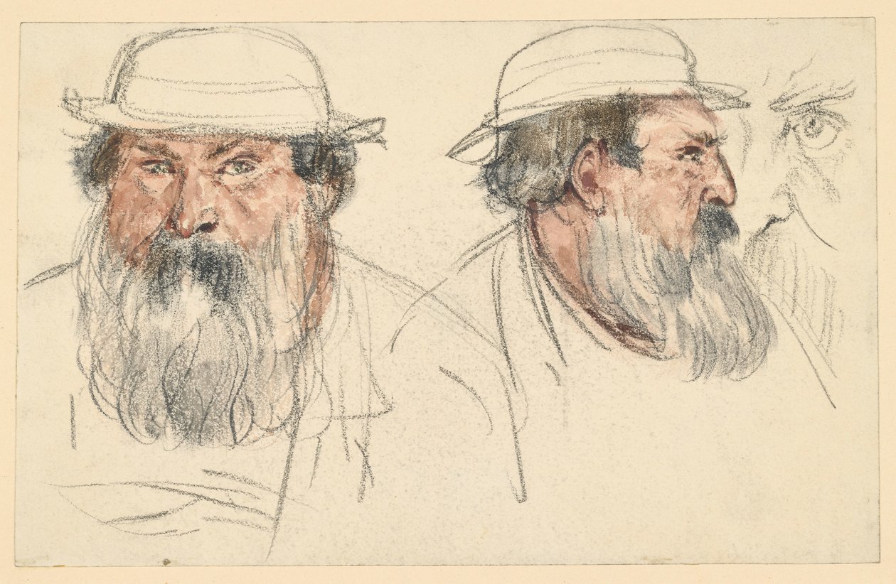 Parrakkaan miehen pää kahdessa luonnoksessa tekijältä Adolph Menzel