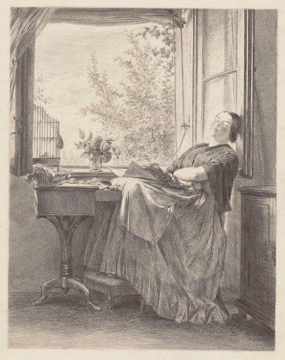 Ikkunan ääressä nukkuva ompelijatar (Emilia, Menzelin sisar, myöhempi rouva Krigar). tekijältä Adolph Menzel
