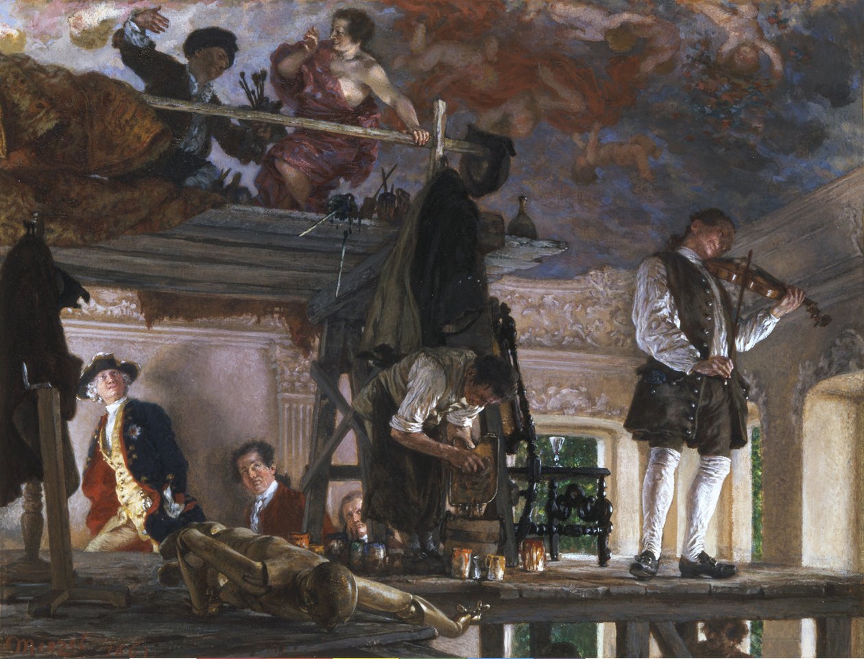 Kruununprinssi Friedrich vierailee taidemaalari Pesnen luona maalaustelineellä Rheinsbergissä tekijältä Adolph Menzel