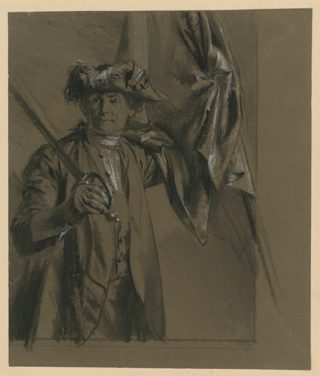 Kurt Christoph von Schwerin, kreivi ja Preussin sotamarsalkka, lipun ja miekan kanssa, mallitutkielma teokseen "Kuningas Fredrikin ajoilta. Sodan ja rauhan sankareita", 1856 (liittyy teokseen Bock 1070) tekijältä Adolph Menzel