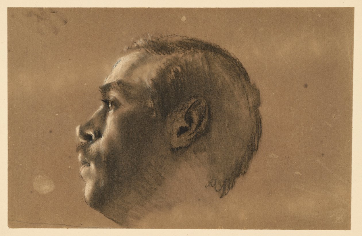 Miehen pää profiilissa vasemmalle. Mallipiirros teokseen ”Friedrich ja hänen läheisensä Hochkirchissä” tekijältä Adolph Menzel