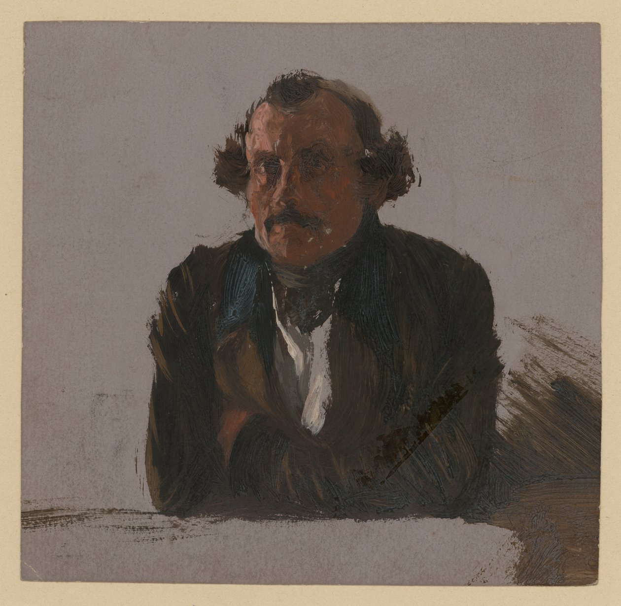 Miehen rintakuva, kädet ristissä, nojautuneena, suoraan edestä katsottuna tekijältä Adolph Menzel