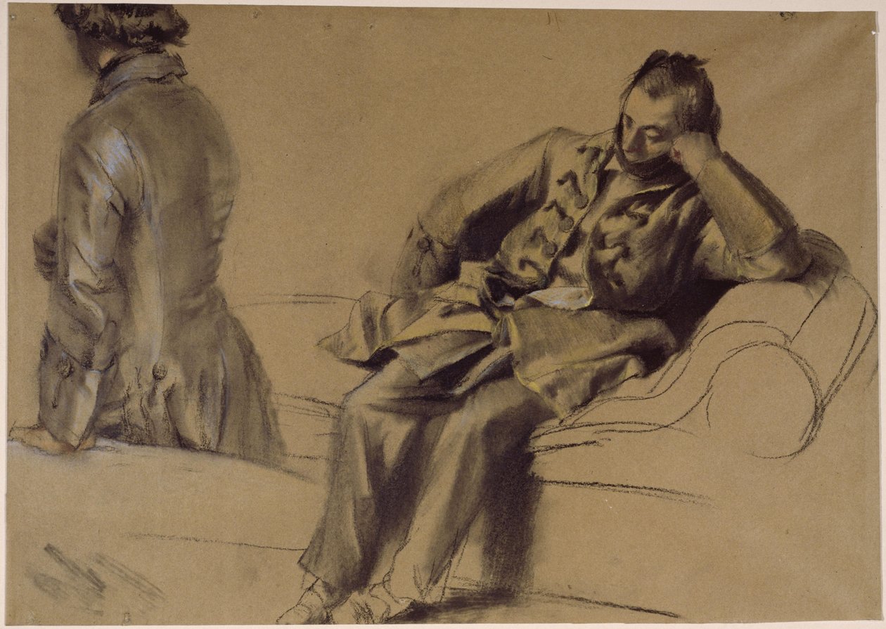Mies, jolla on nauhallinen takki, istuu sohvalla; toinen mies kävelee tekijältä Adolph Menzel