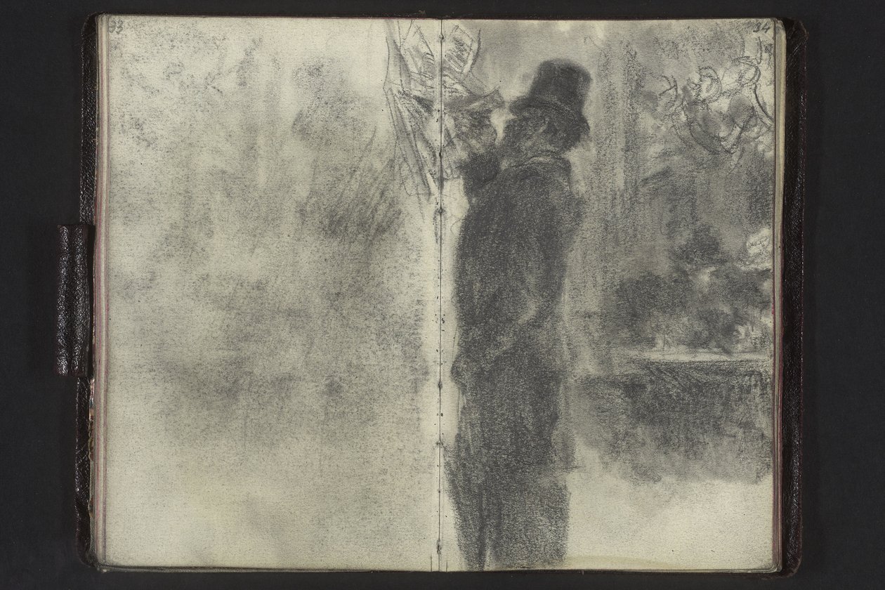 Mies, jolla on silinteri ja sateenvarjo, selaa seinällä roikkuvia lappuja tekijältä Adolph Menzel
