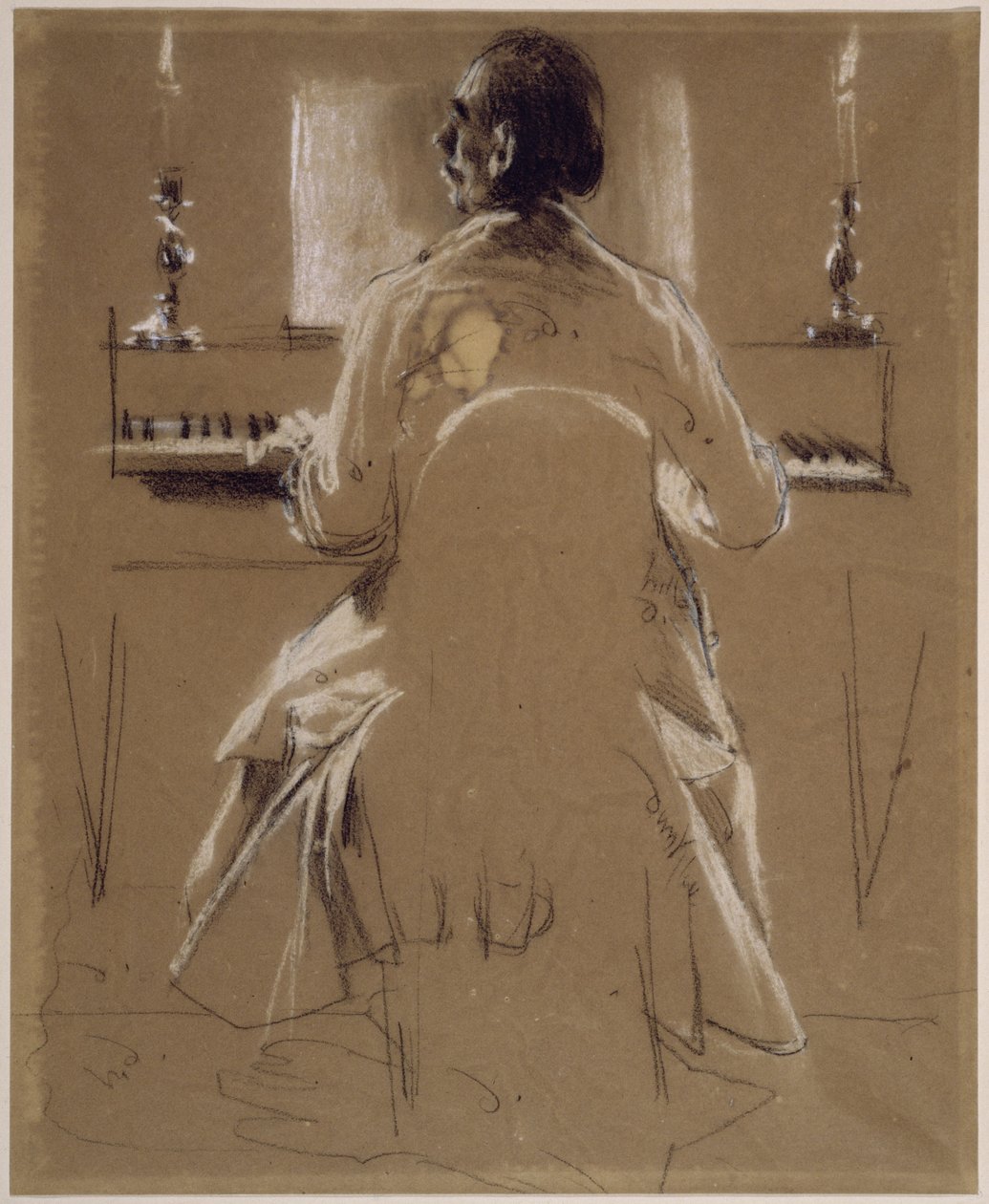 Luonnos (Menzelin veli Richard) Philipp Emanuel Bachista pianon tai lyhytnäppäimisen pianon ääressä. Alustava luonnos maalaukseen ”Friedrich Suuren huilukonsertti Sanssoucissa” tekijältä Adolph Menzel