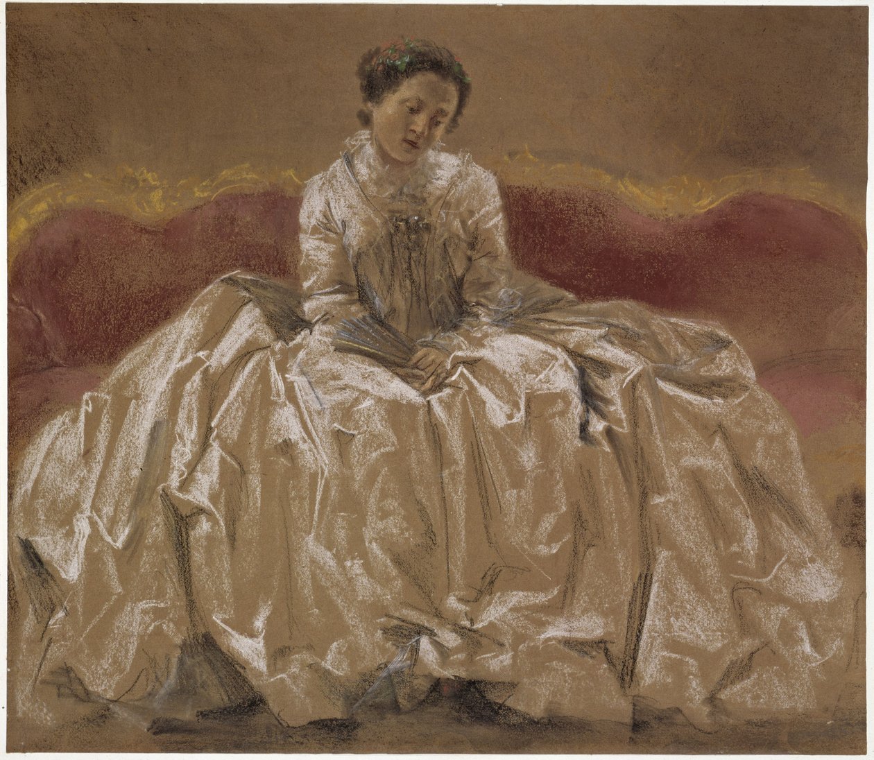 Mallipiirros (Menzelin sisar Emilie) prinsessa Wilhelmine von Preußenista (markkreivitär Wilhelmine von Bayreuth), joka istuu sohvalla. Alustava luonnos maalaukseen ”Friedrich Suuren huilukonsertti Sanssoucissa” tekijältä Adolph Menzel