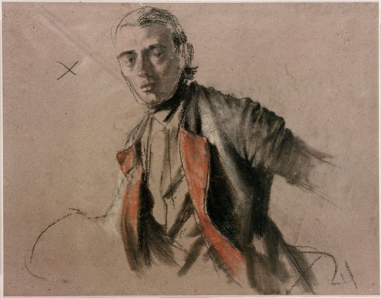 Mallipiirros (Richard Menzel), joka toimi Stille-maalarin mallina teoksessa ”Fredrik Suuren juhlapöytä Sanssoucissa” tekijältä Adolph Menzel