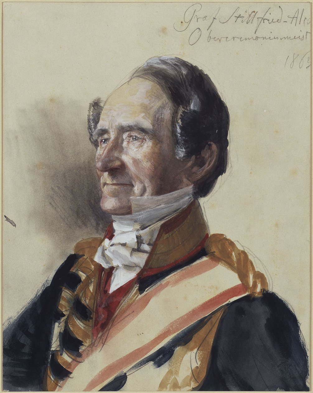Yliseremoniamestari kreivi Rudolf Stillfried-Alcantara. Tutkielma maalaukseen "Vilhelm I:n kruunajaiset Königsbergissä" tekijältä Adolph Menzel
