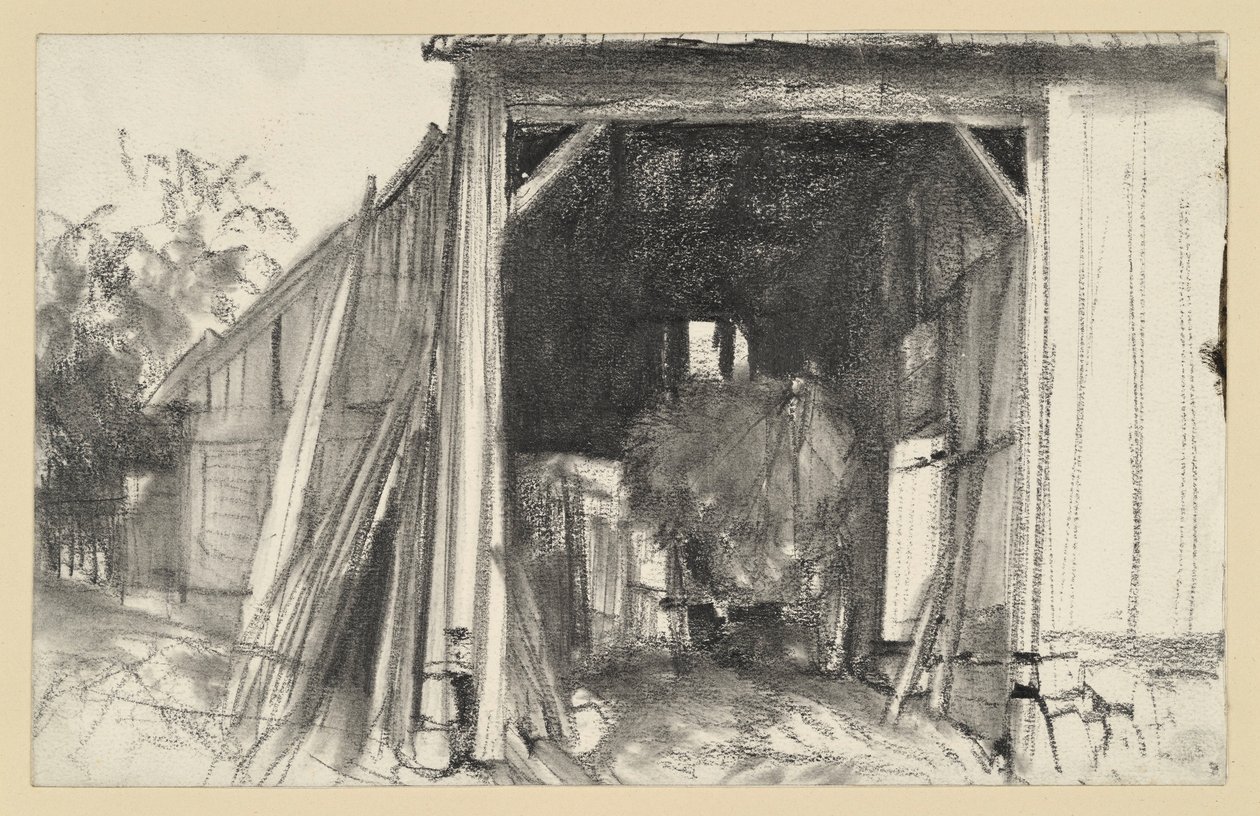 Avoin lato, jonka sisällä on oljilla lastattu vaunu tekijältä Adolph Menzel