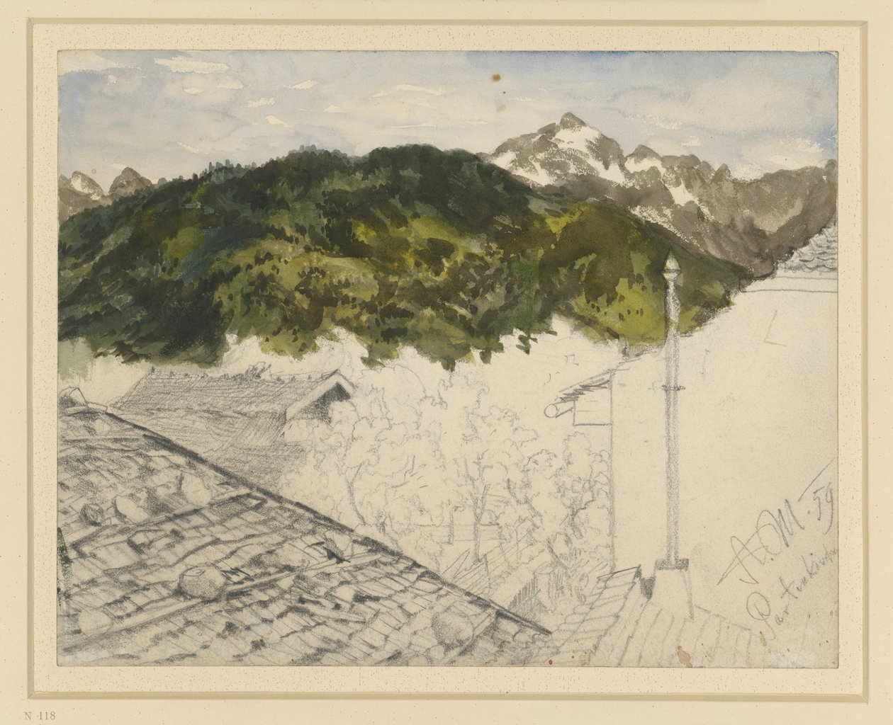 Partenkirchen, näkymä vuorille ja maalaistaloihin tekijältä Adolph Menzel