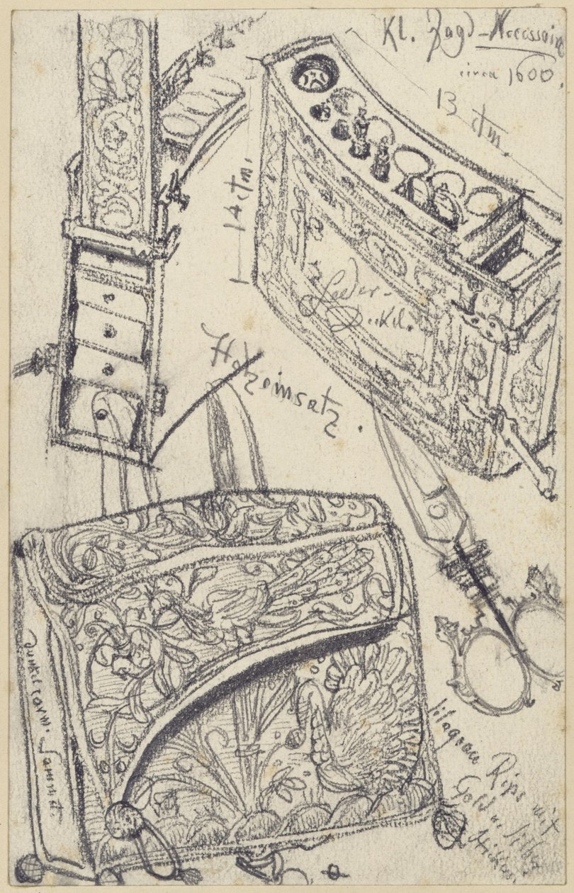 Patruunapussi, jossa on matkapakkaus, kuuluva Saksin vaaliruhtinas Johann Georg I:n metsästyssatulaan vuodelta 1618, Historiallinen museo, Dresden tekijältä Adolph Menzel