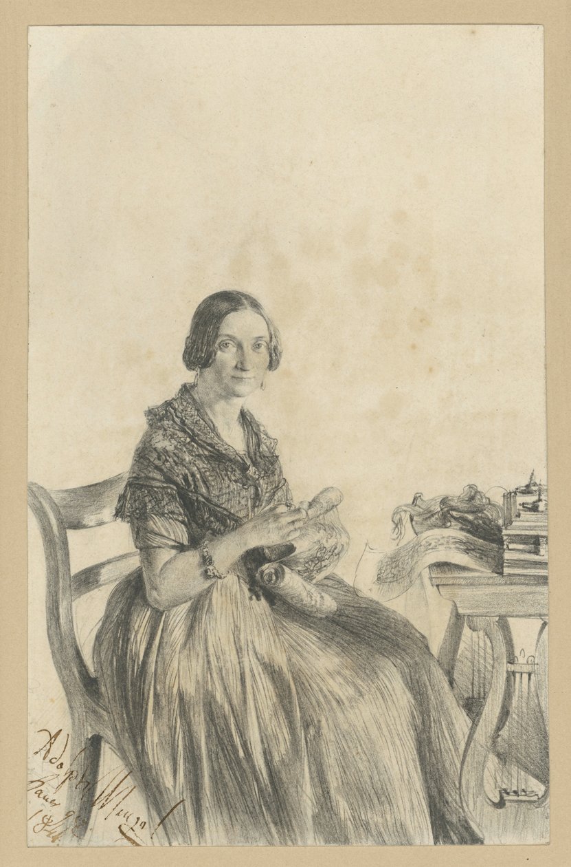 Pauline Martini, o.s. Dambke, istuu pöydän ääressä, katse suunnattuna katsojaan tekijältä Adolph Menzel