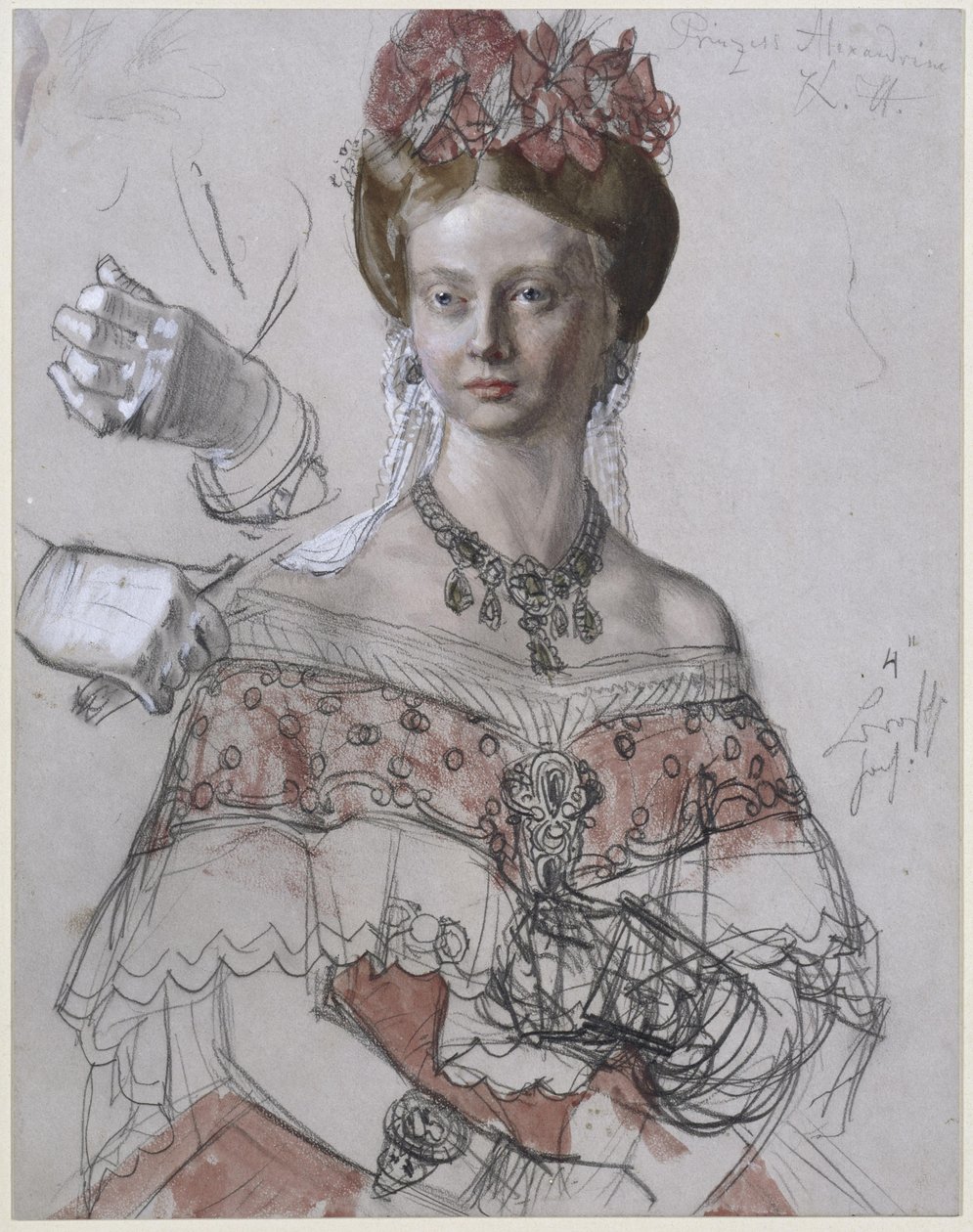 Preussin prinsessa Alexandrine, muotokuvatutkielma maalaukseen "Vilhelm I:n kruunajaiset Königsbergissä" tekijältä Adolph Menzel