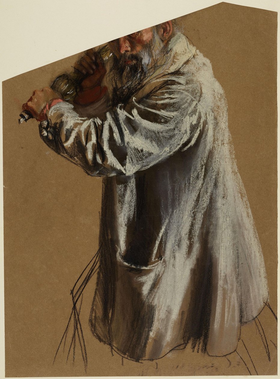 Vanhemman, parrakkaan miehen hame, jossa on lyhtykahva, polviosa vasemmalla, silmien yläpuolelta rajattu tekijältä Adolph Menzel