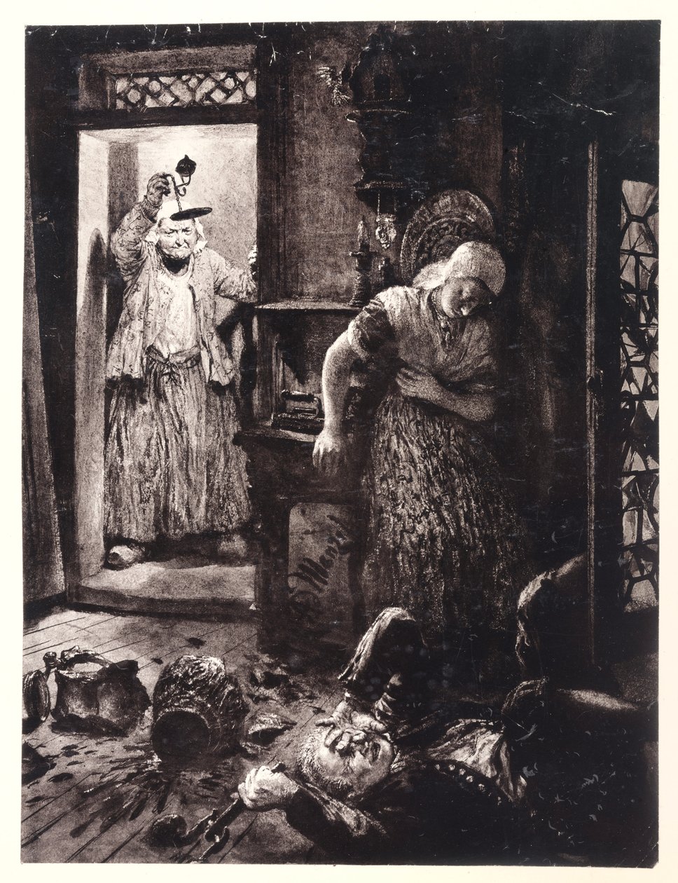Ruprecht, ovenkahva kädessään, makaa lattialla Evan huoneessa. Marthe saapuu lampun kanssa, Heinrich von Kleistin teoksesta ”Rikkoutunut kannu” tekijältä Adolph Menzel