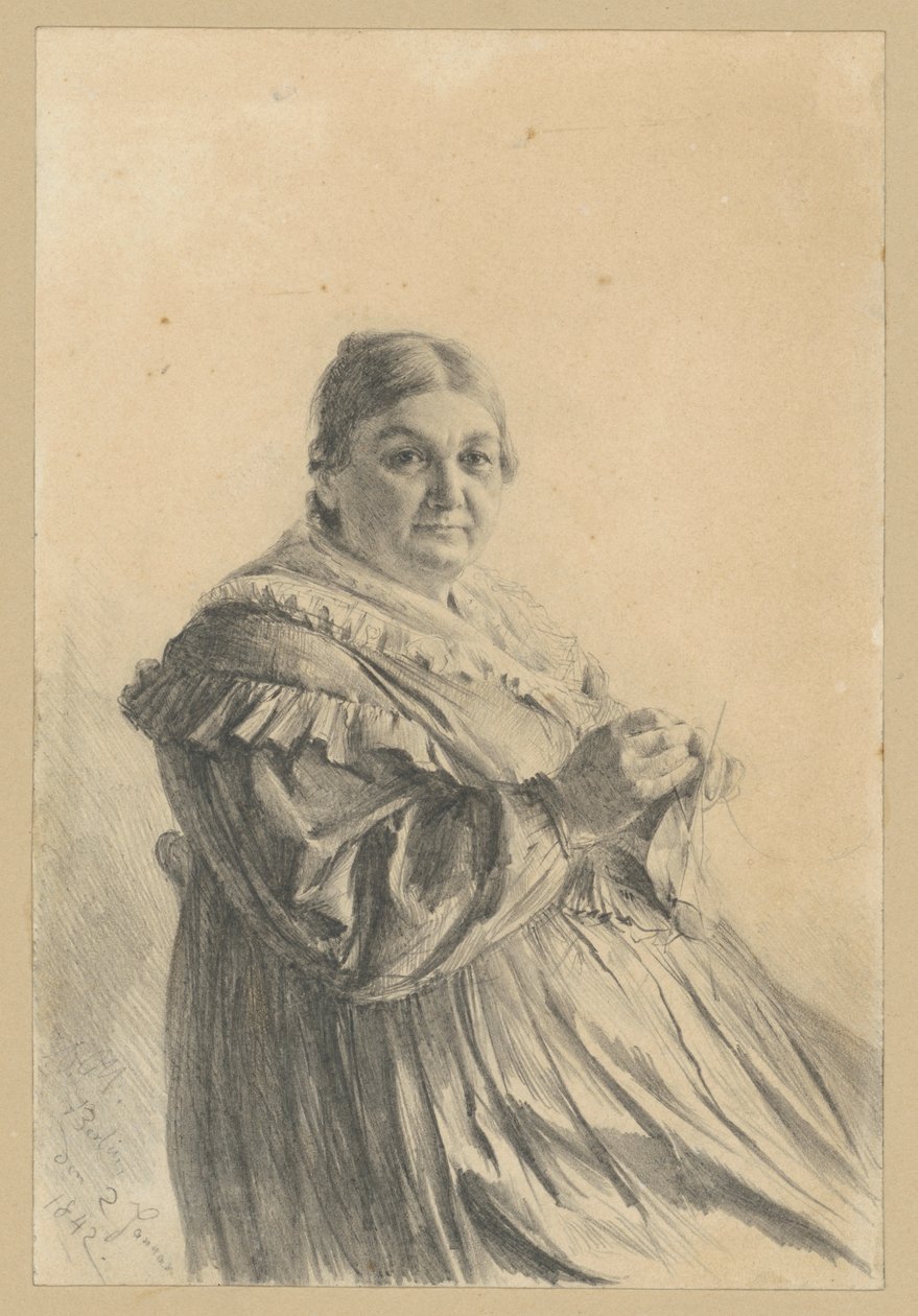 Istuva iäkkäämpi nainen, jolla on neulossukat tekijältä Adolph Menzel