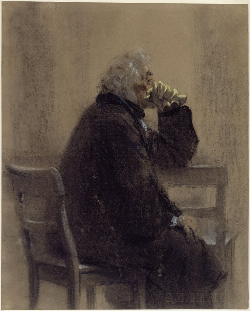Istuva iäkkäämpi herra päällysvaatteessa, käsineet kädessä, polvisuojus, profiili oikealle tekijältä Adolph Menzel