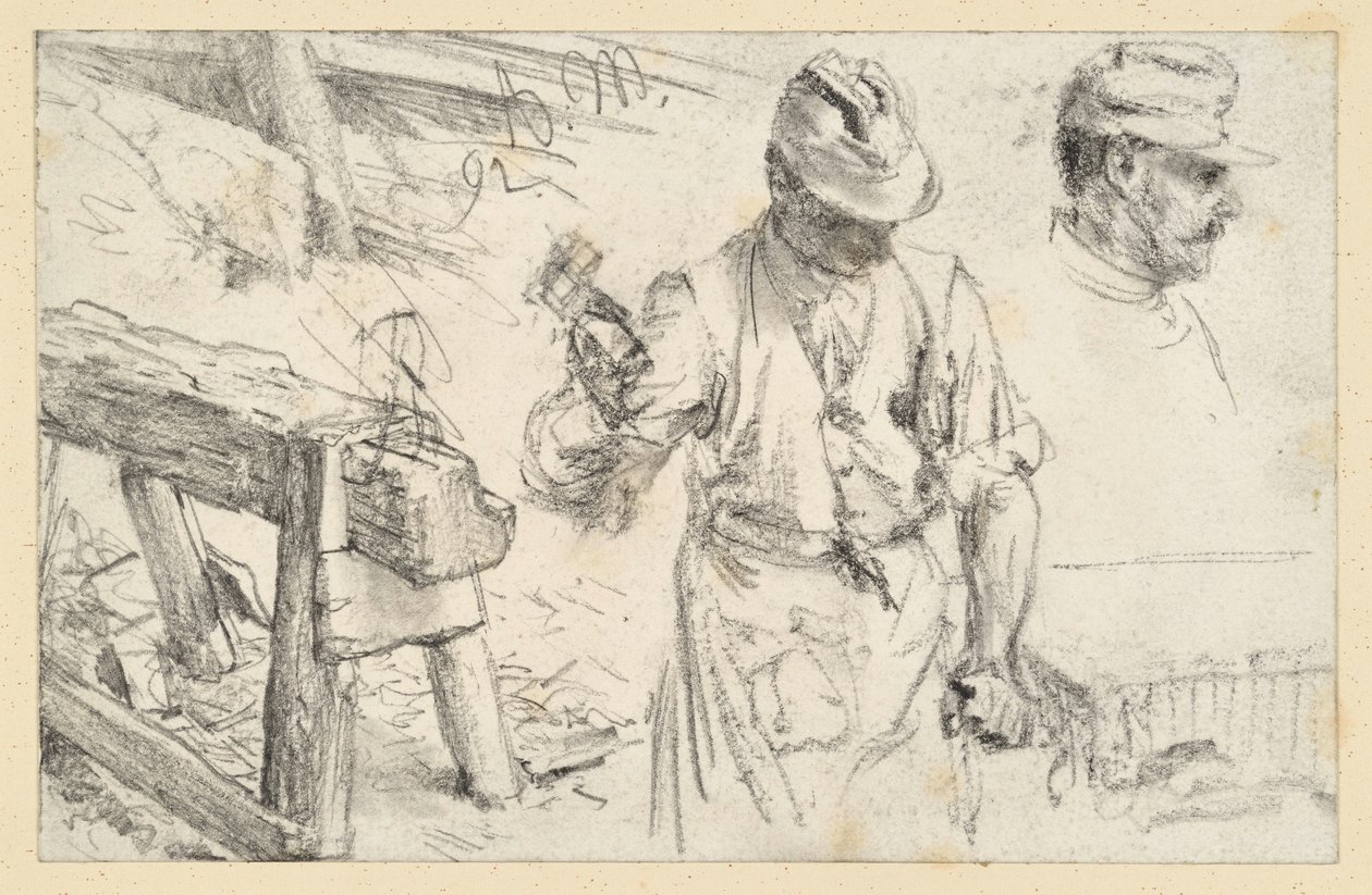Kivenhakkaaja työssään, työpukki ja yksityiskohtia tekijältä Adolph Menzel