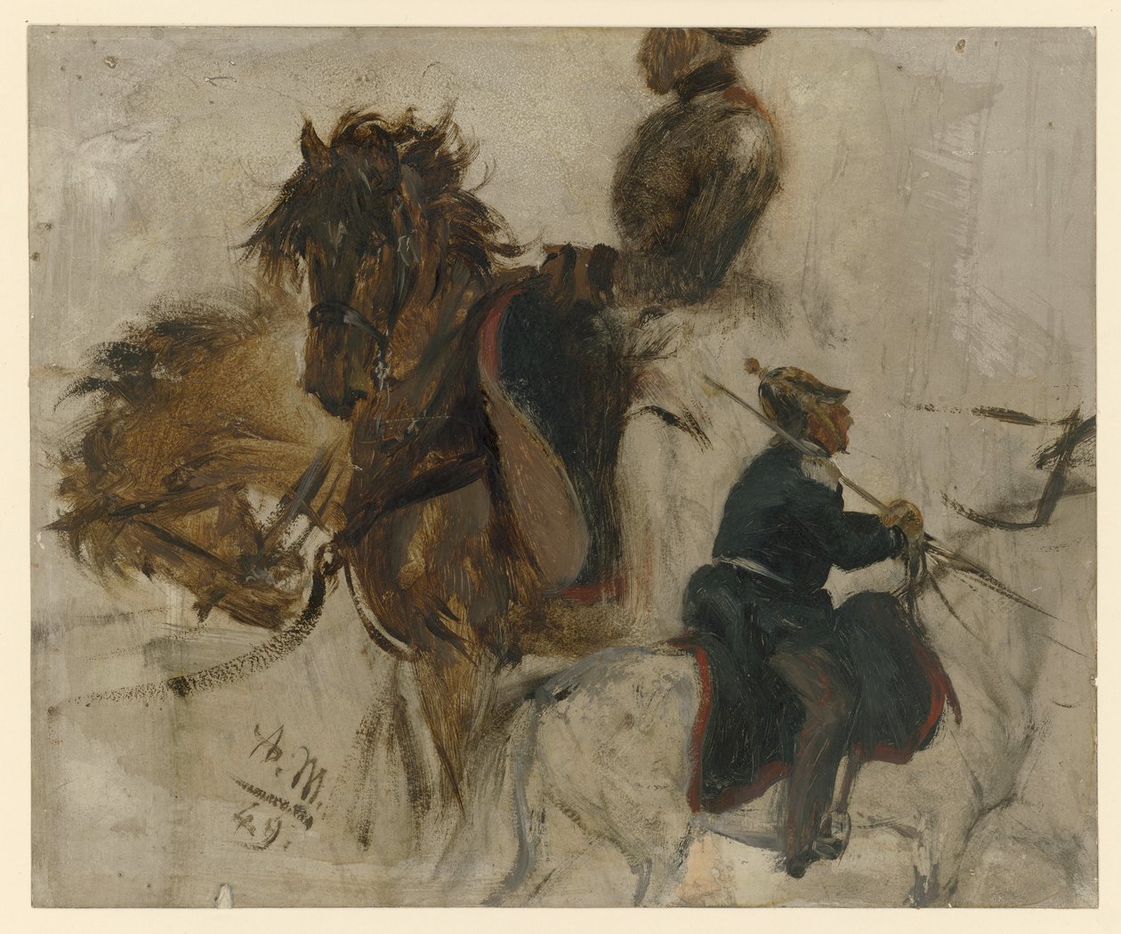Tutkielma ratsastavasta sotilaasta ja hevosten päistä tekijältä Adolph Menzel