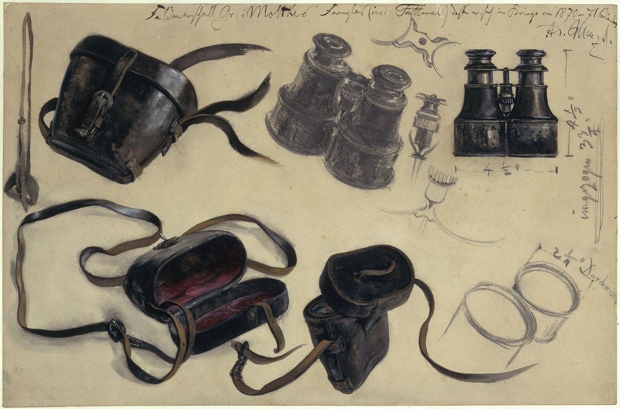 Tutkimus kenttämarsalkka kreivi von Moltken kiikareista, kotelo ja yksityiskohdat, mukana muistiinpanoja tekijältä Adolph Menzel