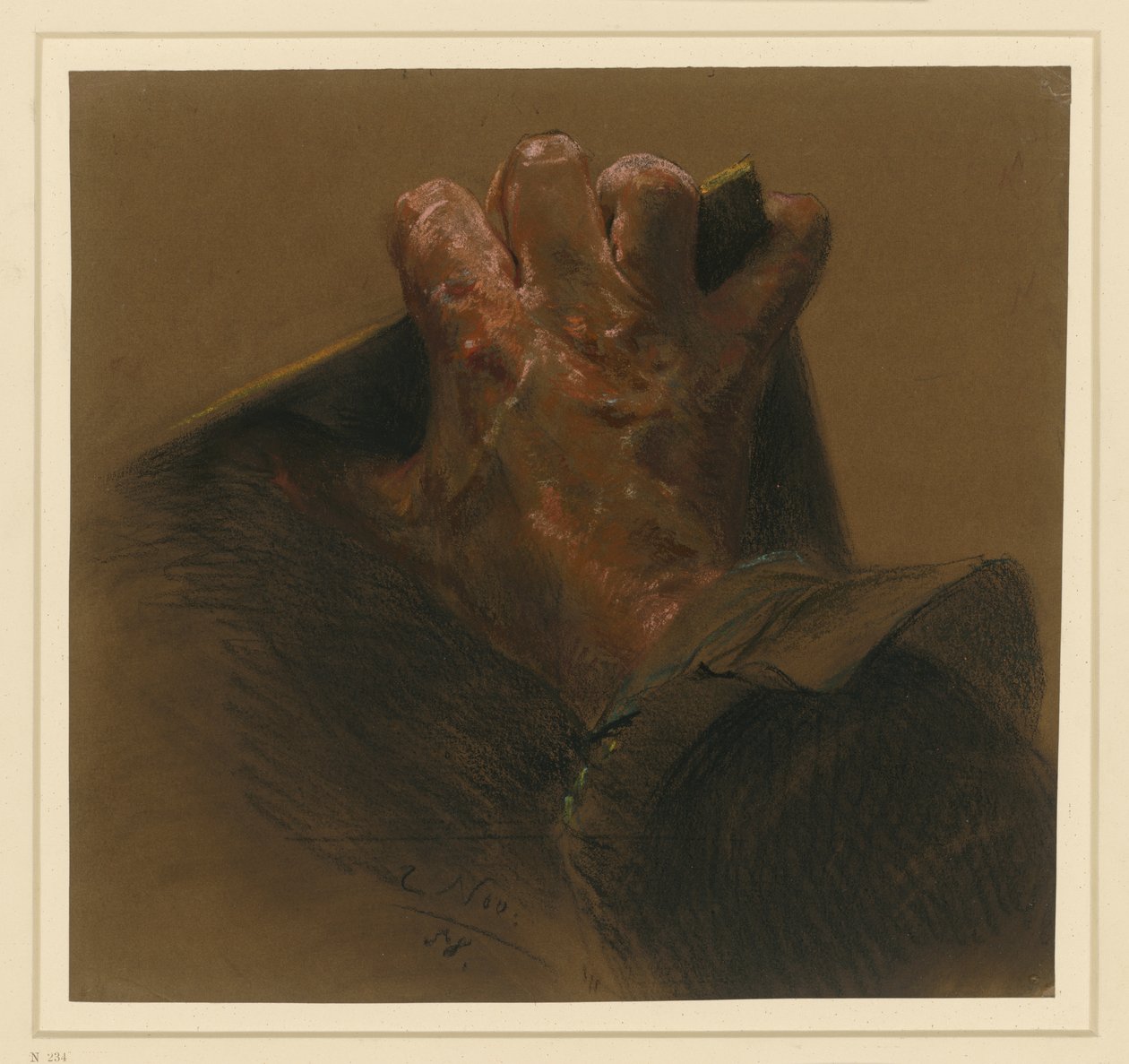 Tutkielma miehen oikeasta kädestä, joka tarttuu levyn reunojen yli tekijältä Adolph Menzel