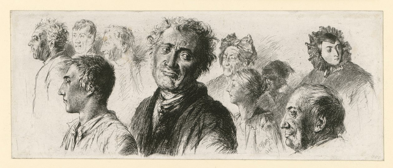 Tutkimuslehti mielisairaalasta. Kymmenen päätä, useimmat vasemmalle tekijältä Adolph Menzel
