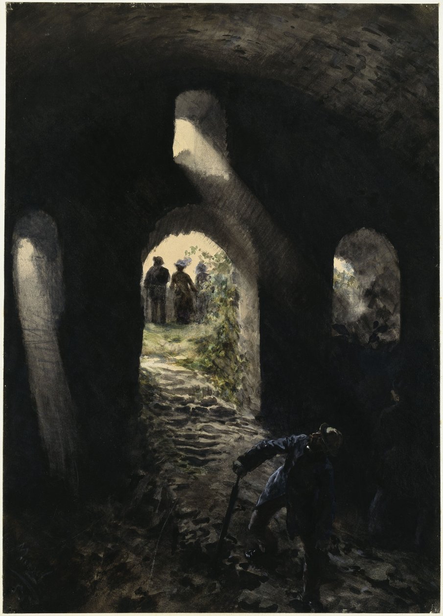 Turisteja Rheinfelsin linnanraunioissa tekijältä Adolph Menzel