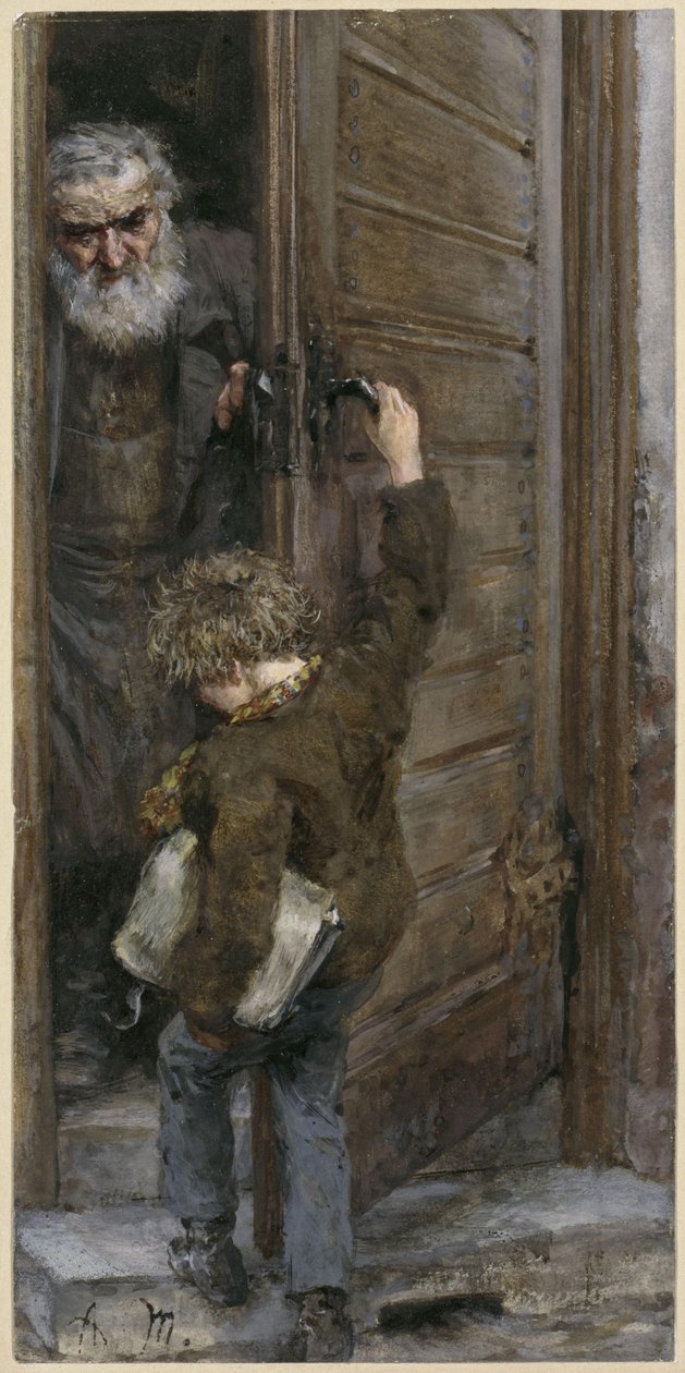Isä ja poika ovella. "Lastenalbumista" tekijältä Adolph Menzel