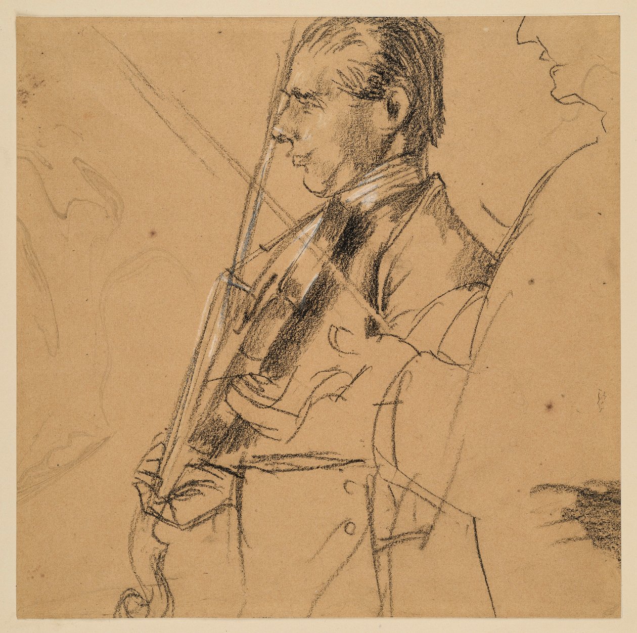 Viulisti. Puolikuva. Profiili vasemmalle. Oikealla profiililuonnos. Alustava luonnos maalaukseen ”Friedrich Suuren huilukonsertti Sanssoucissa” tekijältä Adolph Menzel