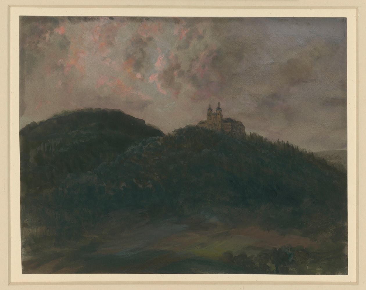 Metsäinen vuoristomaisema, jossa sijaitsee Klosten Banzin luostari Lichtenfelsin lähellä Baijerissa, korkealla tekijältä Adolph Menzel