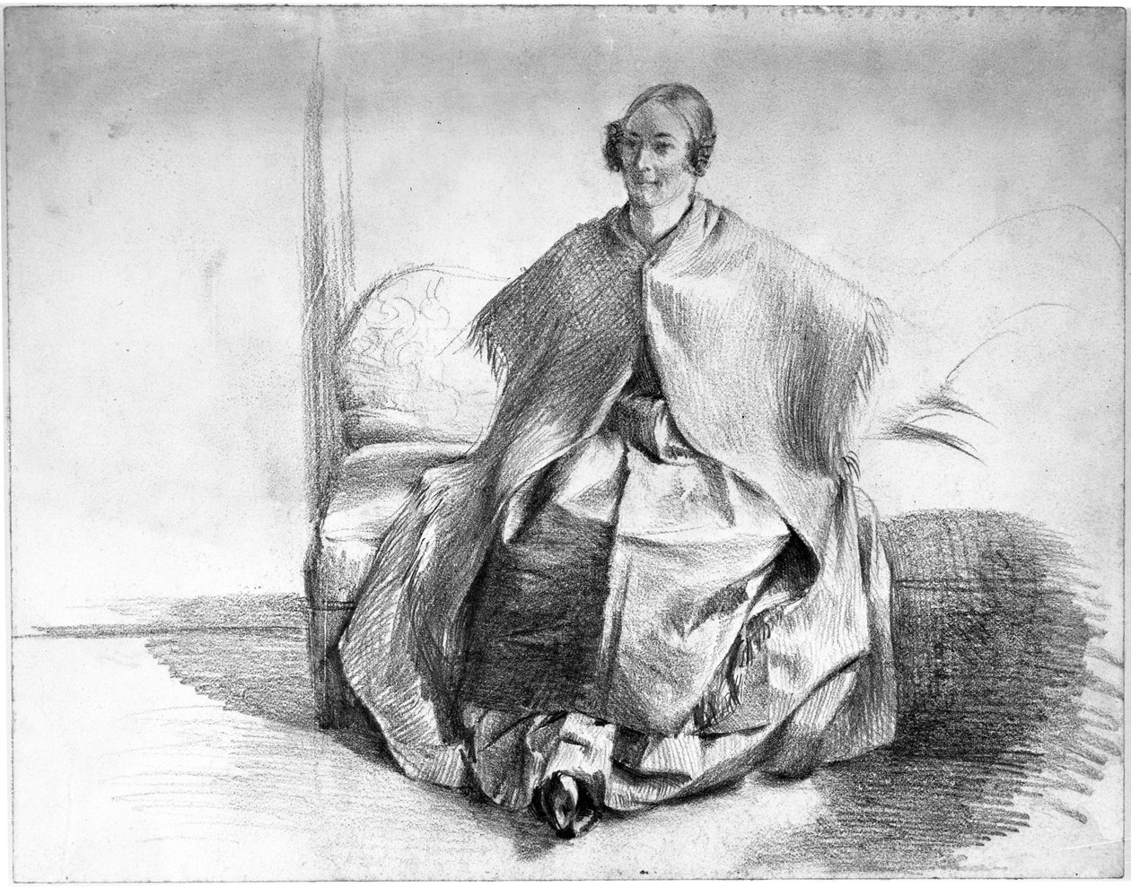 Naishahmo, jolla on huivi, istuu sohvalla tekijältä Adolph Menzel