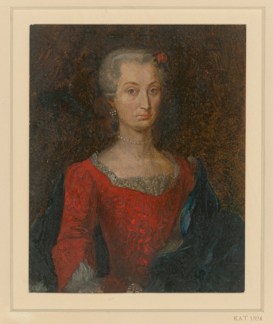 Naisen rintakuva punaisessa mekossa ja sinisessä viitassa tekijältä Adolph Menzel