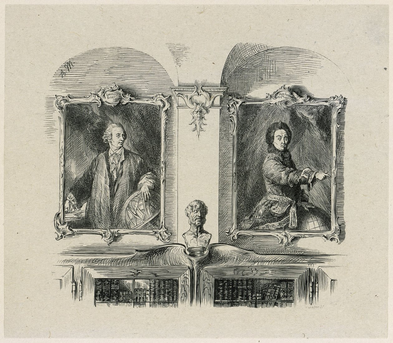 Fredrik Suuren teokset. Leonhard Euler ja Pierre-Louis de Maupertuis tekijältä Adolph Menzel
