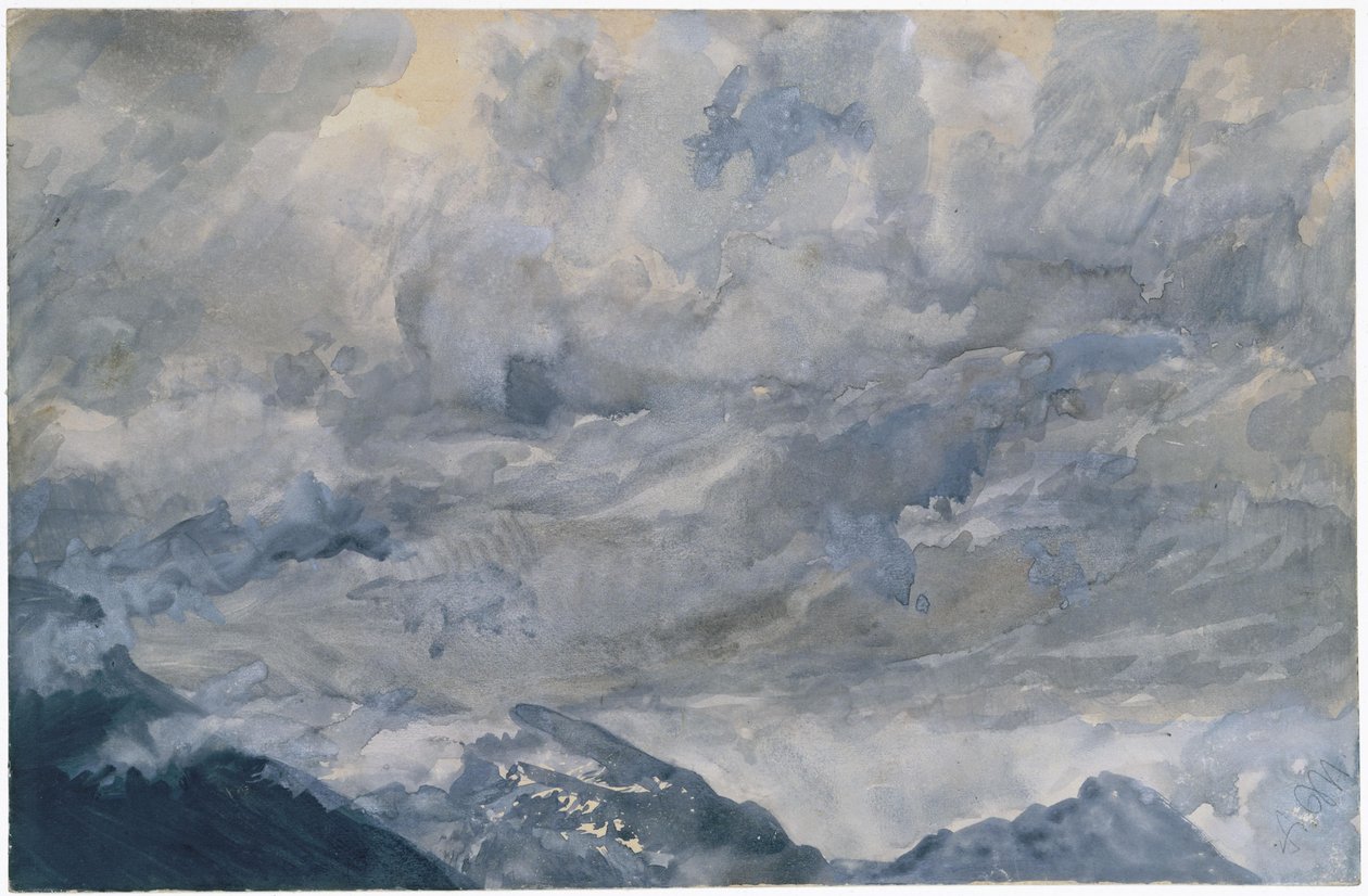 Pilvinen taivas vuorenhuippujen yllä tekijältä Adolph Menzel