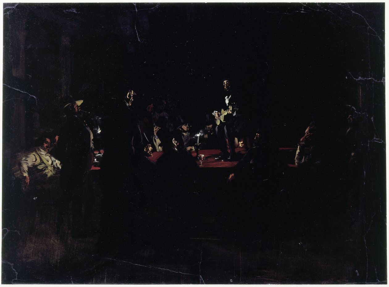 Juoppoja suuren pöydän ympärillä ja laulaja tekijältä Adolph Menzel