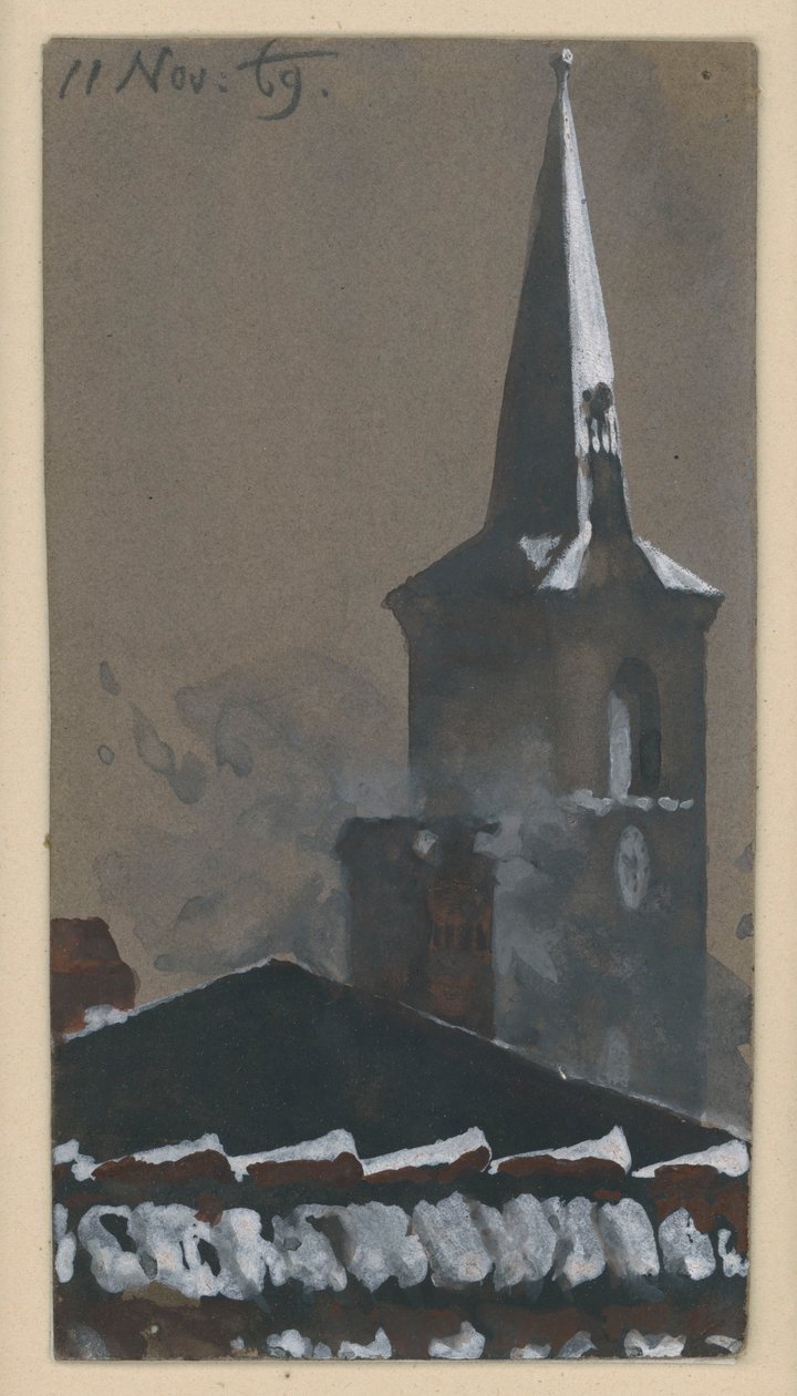 Lumipeitteinen tiilikatto ja kirkontorni tekijältä Adolph Menzel
