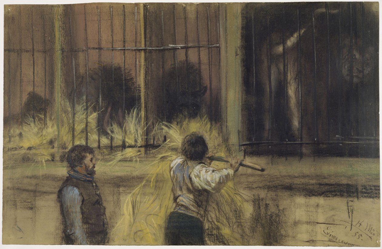 Kaksi eläintenhoitajaa petoeläintalon edessä tekijältä Adolph Menzel