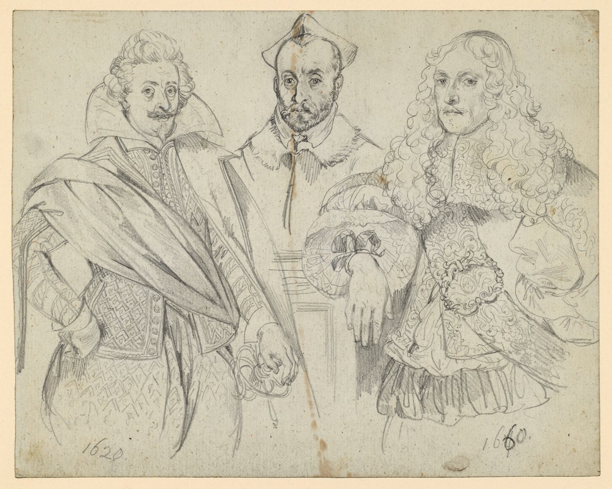 Kaksi arvohenkilöä vuosilta 1620 ja 1660, keskellä kardinaali. Historiallisten kuvien jäljennöksiä tekijältä Adolph Menzel