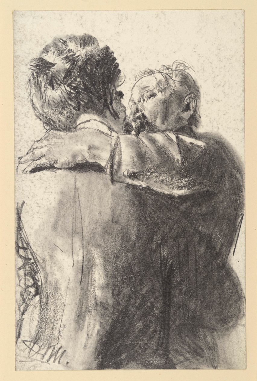 Kaksi toisiaan syleilevää miestä, nähtynä takaa ja sivulta tekijältä Adolph Menzel