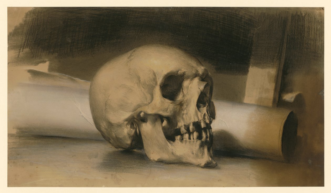 ihmisen kallo oikealla, sen takana paperirulla tekijältä Adolph Menzel
