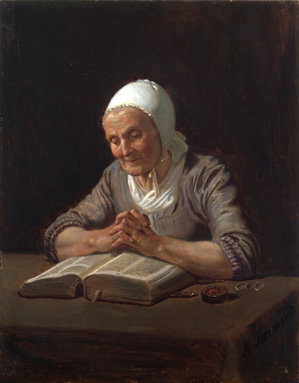 Dona gran llegint (oli sobre panell)finès tekijältä Adolph Tidemand